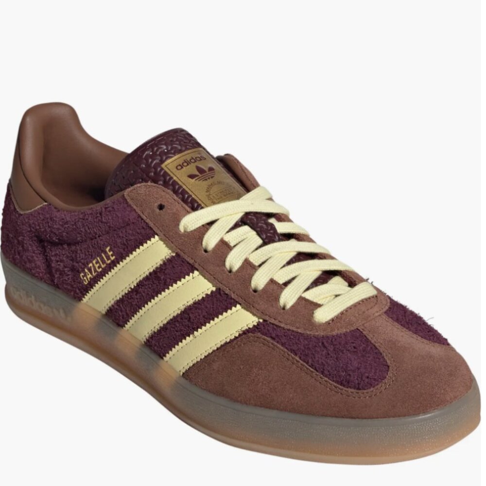 adidas Gazelle Indoor Sneaker, Maroon/Yellow/Brown: Women's 7.5/Mens 6.5
